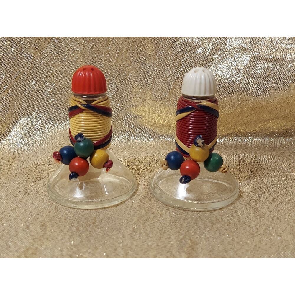 Vintage MCM Pyrex Weico Salt Pepper Shakers Cord Wrapped Colorful Wooden Beads